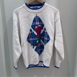 Gant White Crewneck Sweater Blue & Green Plaid Golf Motif Vintage Streetwear Med